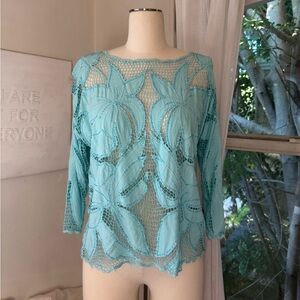 Vintage Aqua Blue Lace Eyelet Embroidered Beaded Embellished Blouse